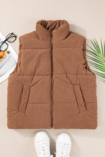 Corduroy Stand Neck Zipped Puffer Vest | Coffee