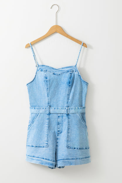 Spaghetti Straps Belted Denim Romper | Beau Blue