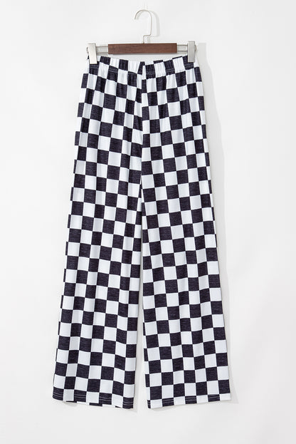 2-Tone Checked Print High Waist Wide Leg Pants | Black