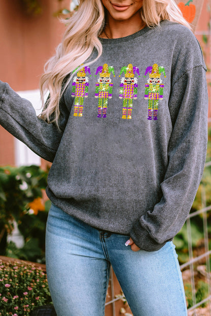 Glitter Mardi Gras Nutcracker Patch Corded Sweatshirt | Gray