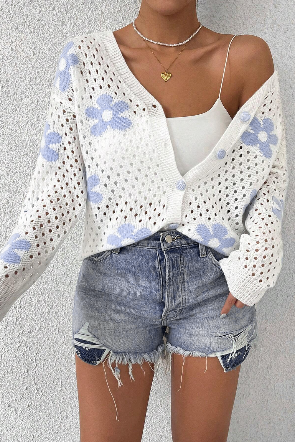 Flower Knit Hollow Out Open Short Cardigan | White