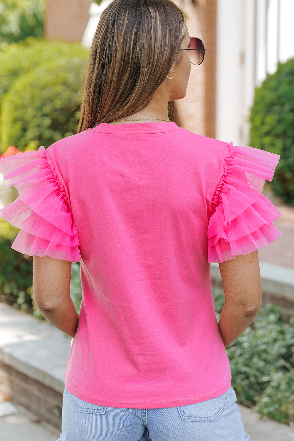 Tulle Ruffle Sleeve Blouse | Pink