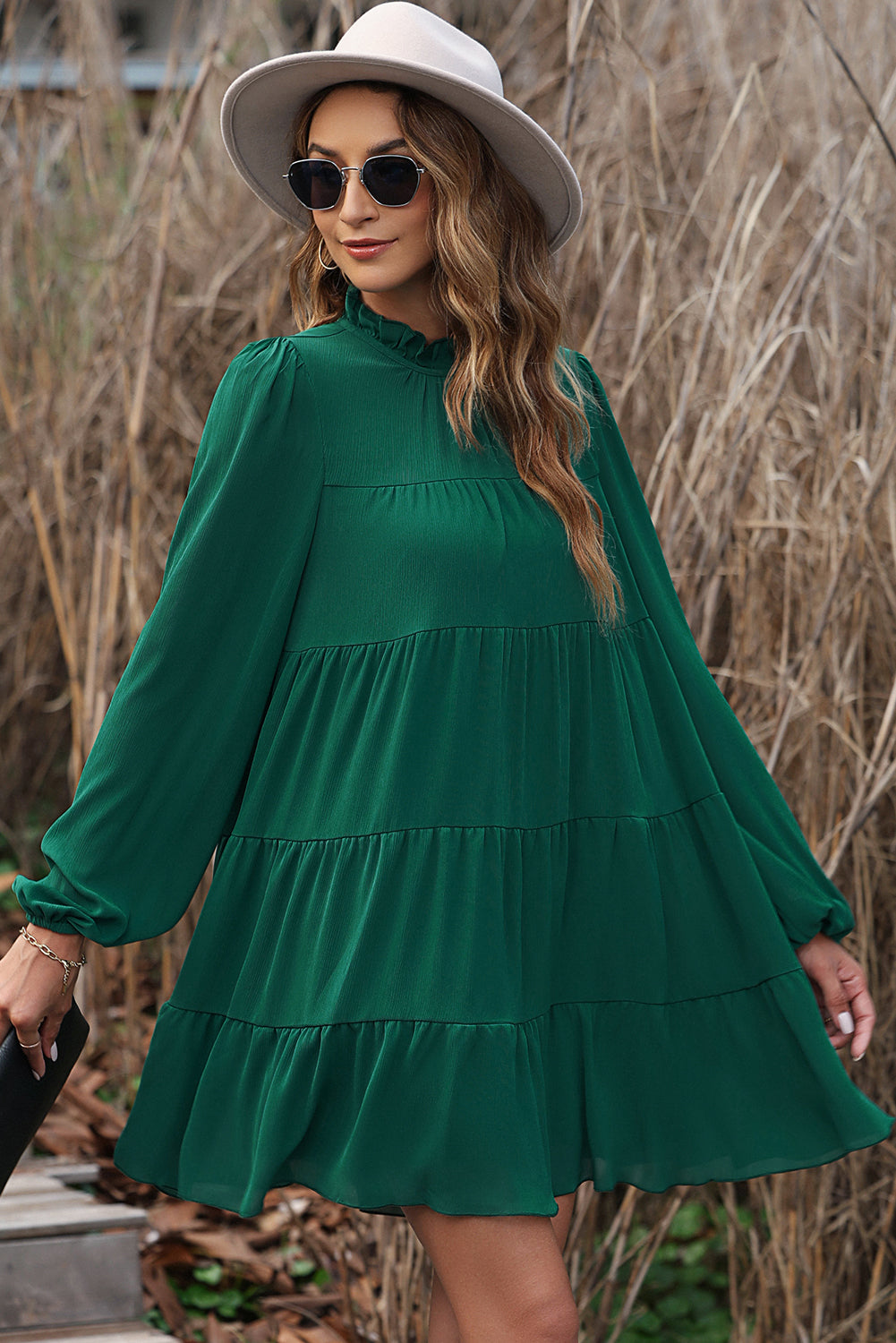 Puff Sleeve Mock Neck Back Knot Tiered Dress | Green