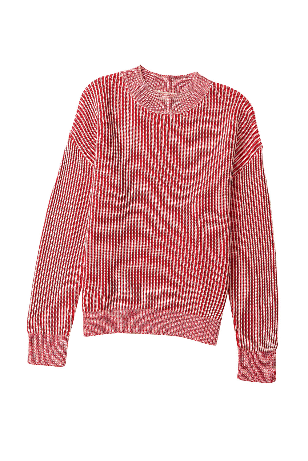 Striped Print Ribbed Trim Round Neck Sweater | Red