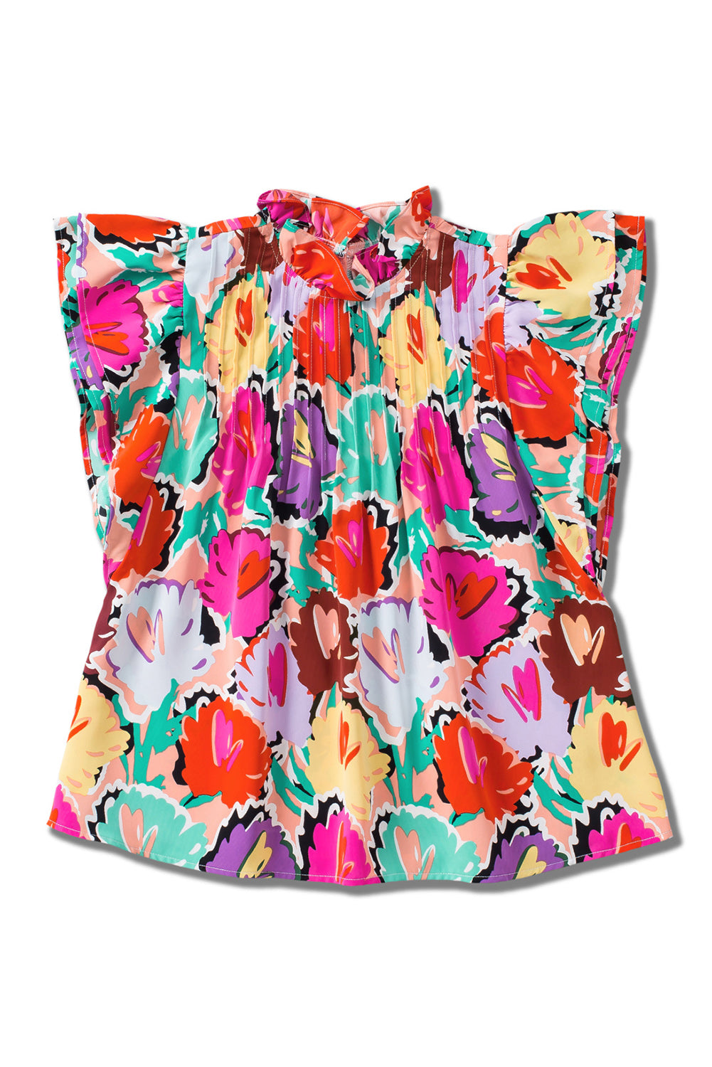 Abstract Floral Print Frilled Neck Pleated Blouse | Multicolour