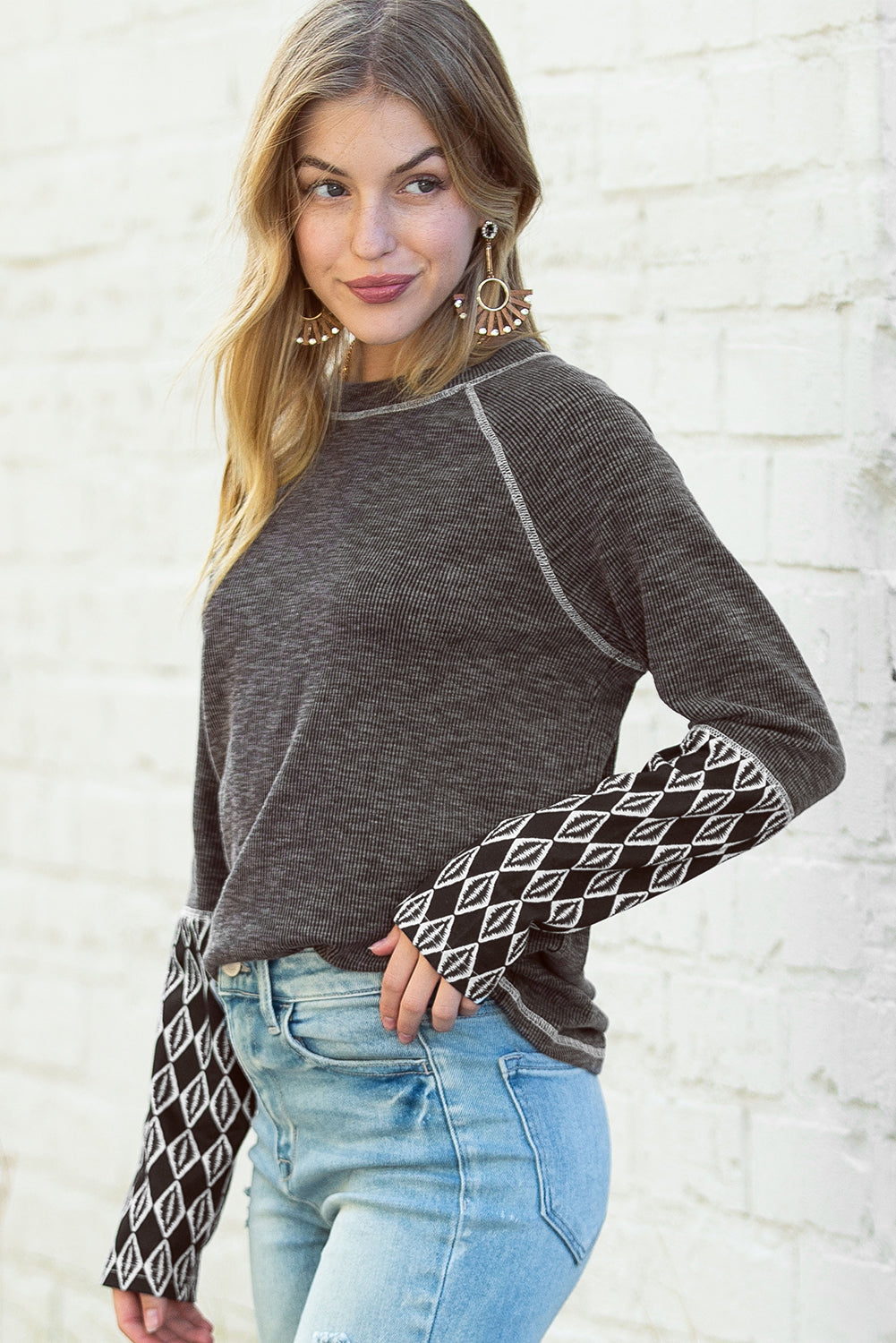 Aztec Patchwork Ribbed Long Sleeve Top | Gray