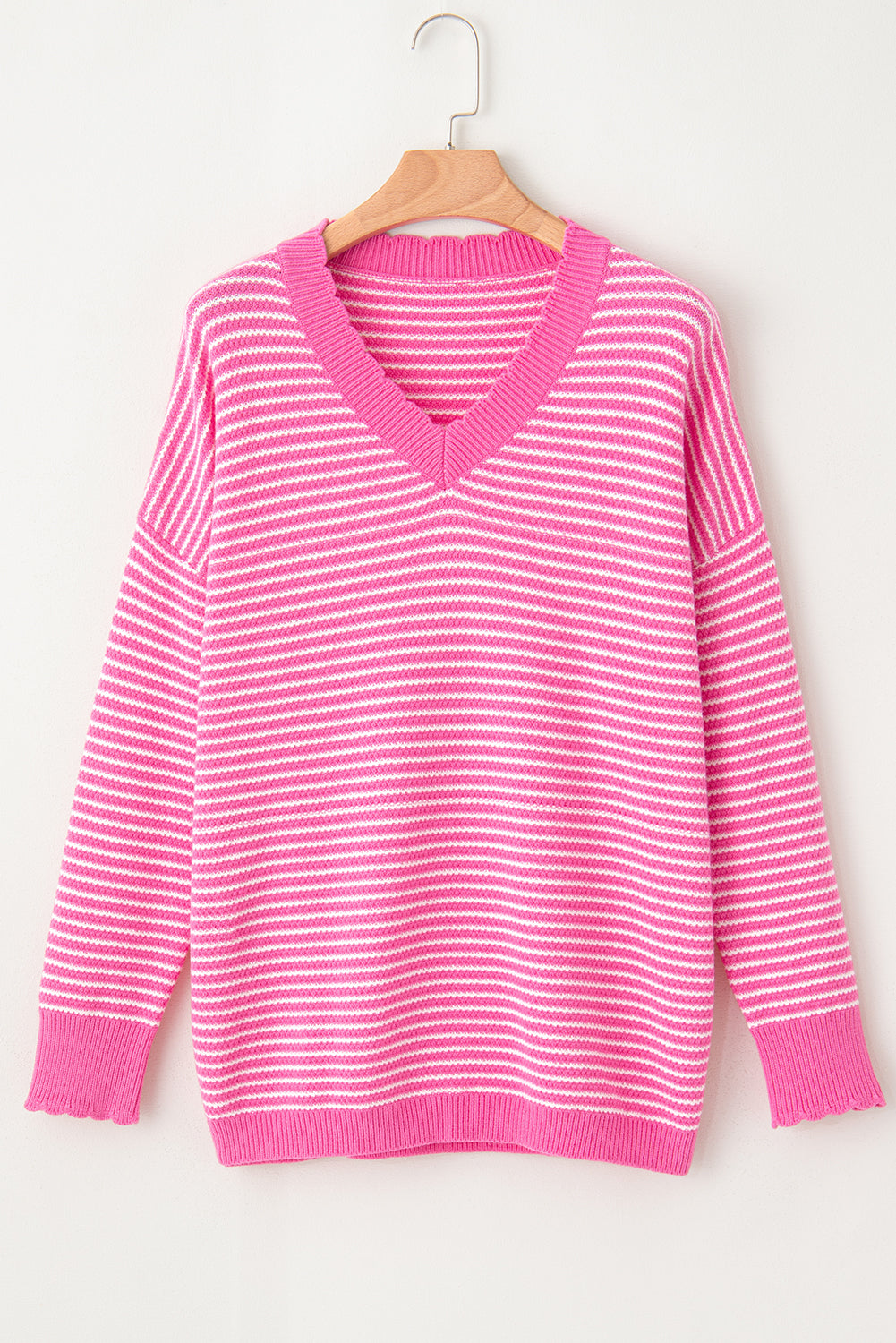 Striped Scallop V Neck Loose Sweater With Slits | Pink