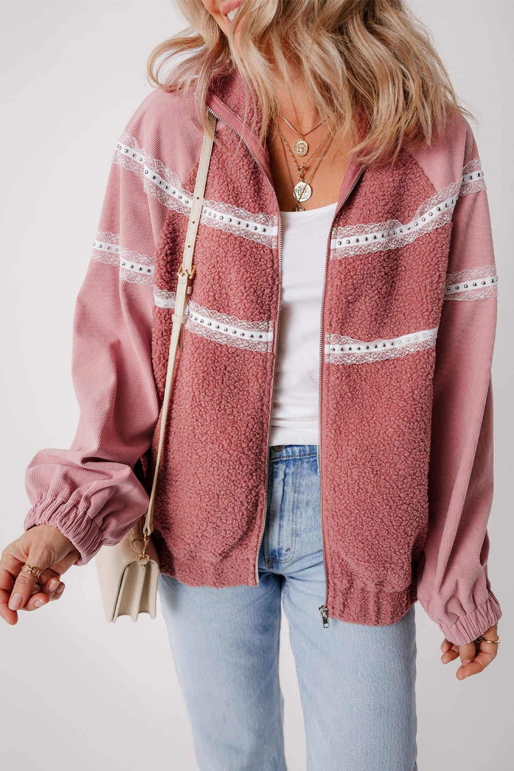 Sherpa Patchwork Lace Elastic Cuff Zip Up Jacket | Rose Pink