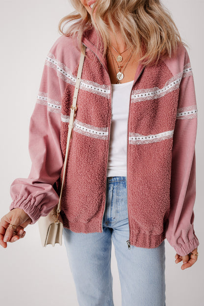 Sherpa Patchwork Lace Elastic Cuff Zip Up Jacket | Rose Pink