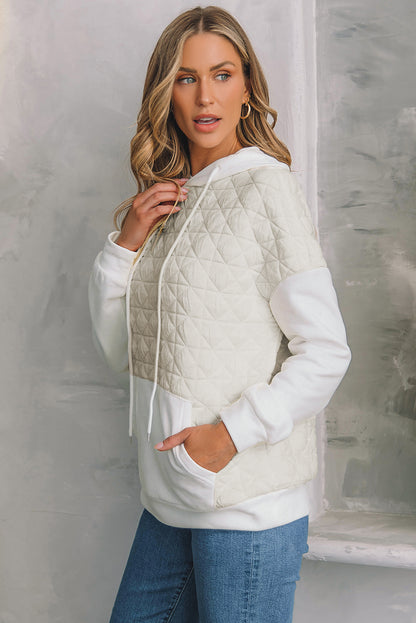 Drop Shoulder Quilted Patchwork Kangaroo Pocket Hoodie | Beige