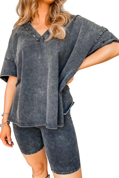 Mineral Washed Oversized T Shirt And Shorts Set | Black