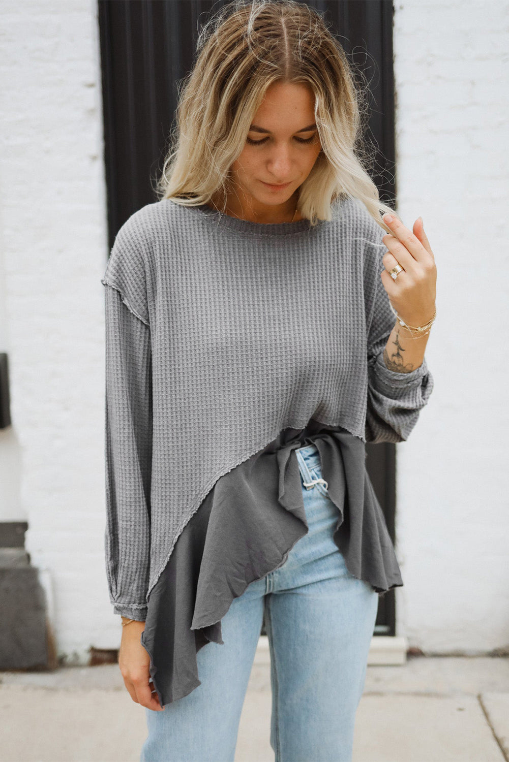 Waffle Long Sleeve Ruffled Patchwork Top | Medium Grey