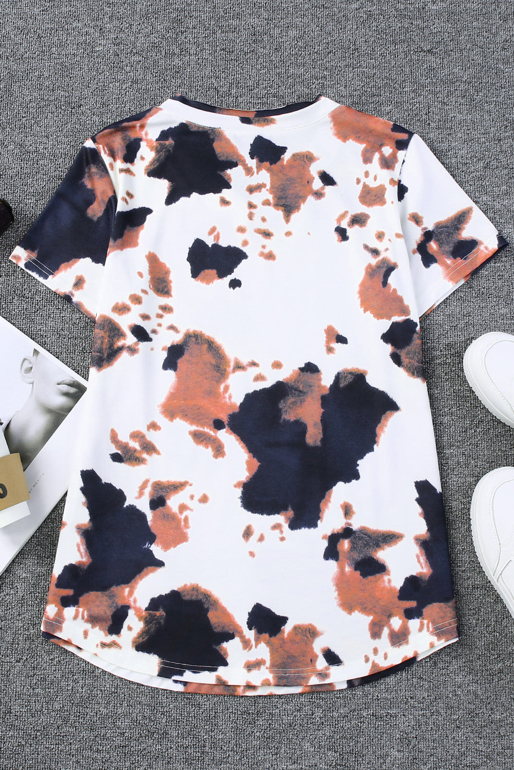 Cow Pattern Print Short Sleeve V Neck T Shirt | White