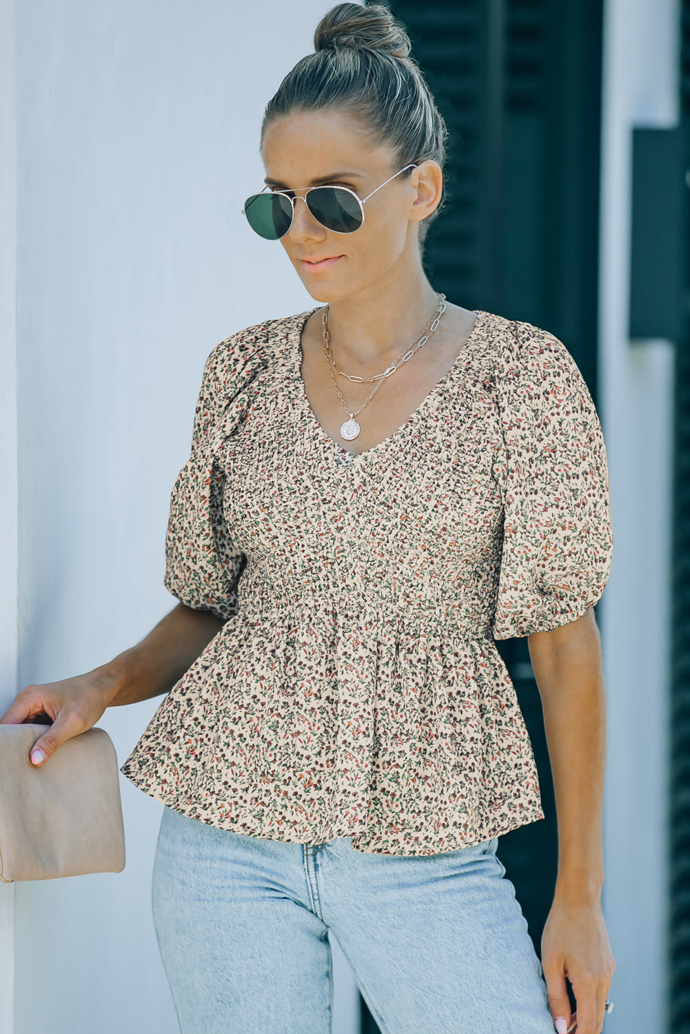 Floral Print Puff Sleeve Smocked Top | Green