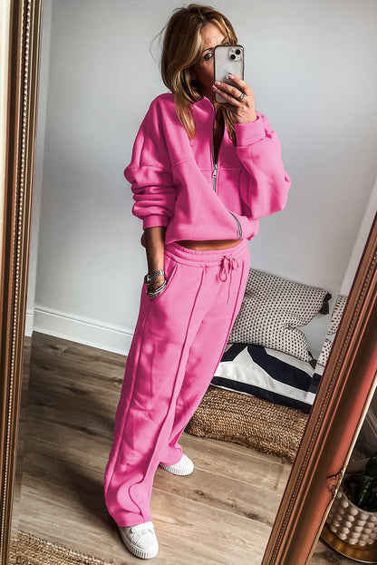 Solid Seamed Zipper Jacket And Drawstring Waist Pants Set | Bright Pink