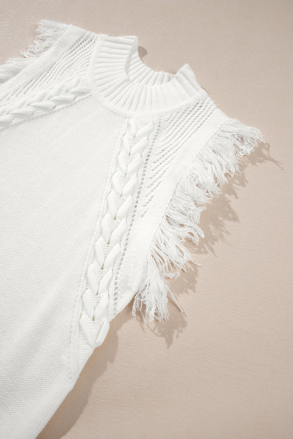 Woven Tasseled Sleeveless Mock Neck Sweater Vest | White