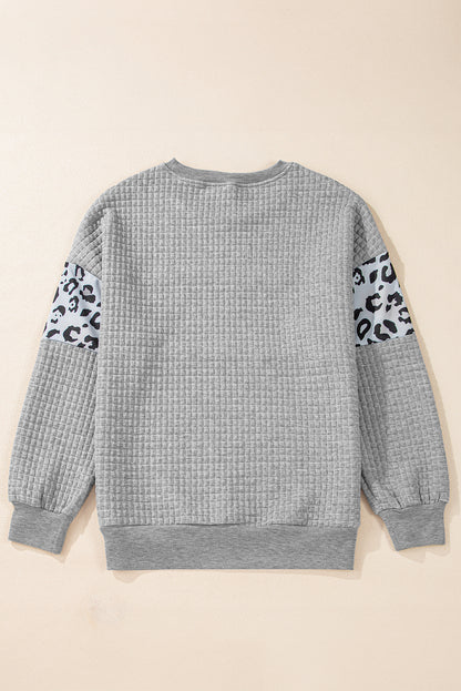 Leopard Quilted Patchwork Crew Neck Sweatshirt | Gray