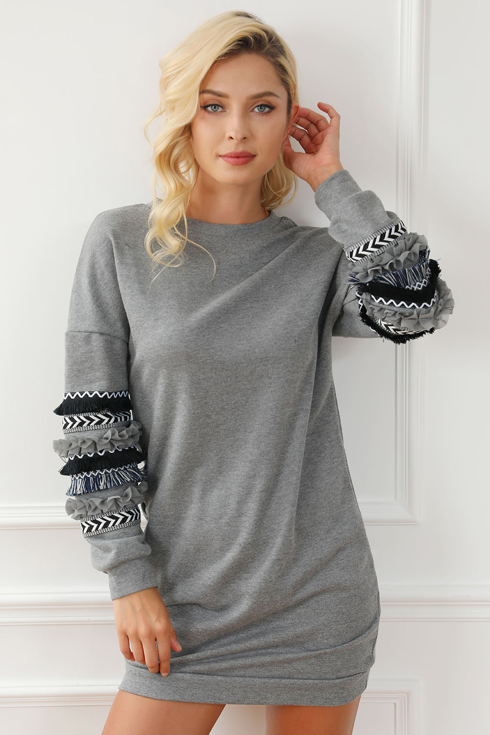 Printed Fringed Ruffled Accent Sweatshirt Dress | Dark Grey