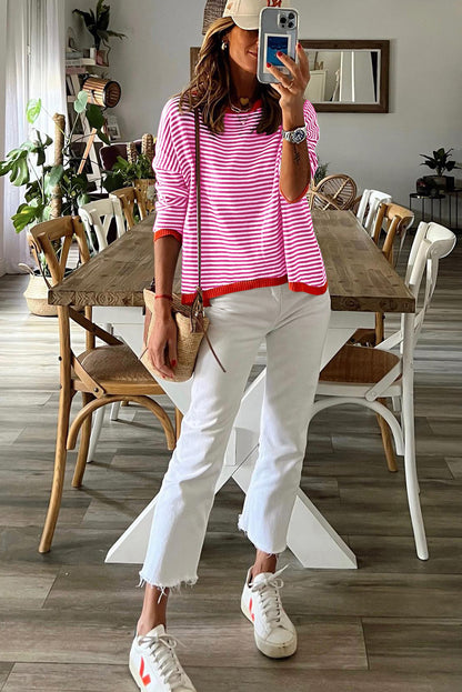 Contrast Trimmed Striped Drop Shoulder Sweater | Pink