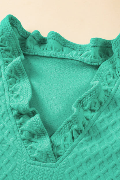 Textured Puff Sleeve Ruffled V Neck Shift Mini Dress | Sea Green