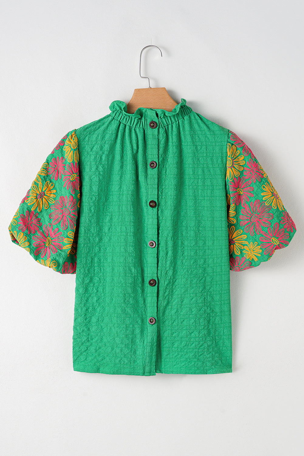 Floral Puff Short Sleeve Ruffled Collar Button Back Top | Bright Green