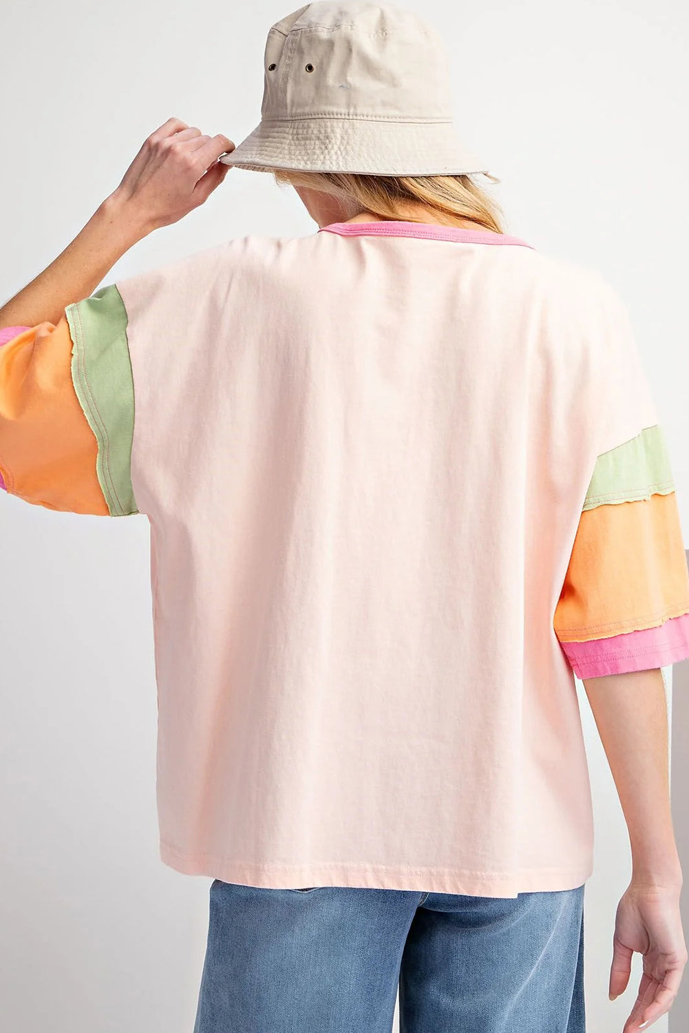 Colour Block Stitching Sleeve Round Neck Oversize Top | Pink