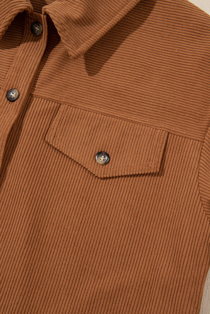 Corduroy Flap Pocket Button Up Round Hem Shacket | Cinnamon