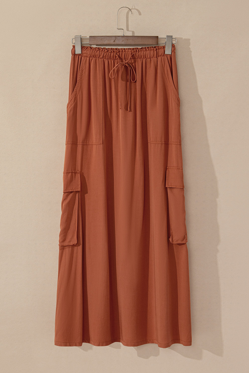 Mineral Wash Cargo Pocket Drawstring Waist Maxi Skirt | Chestnut