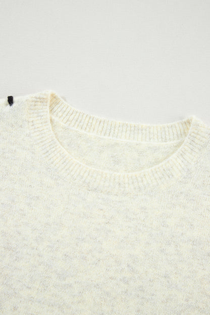 Contrast Stitch Detail Ribbed Trim Sweater | White