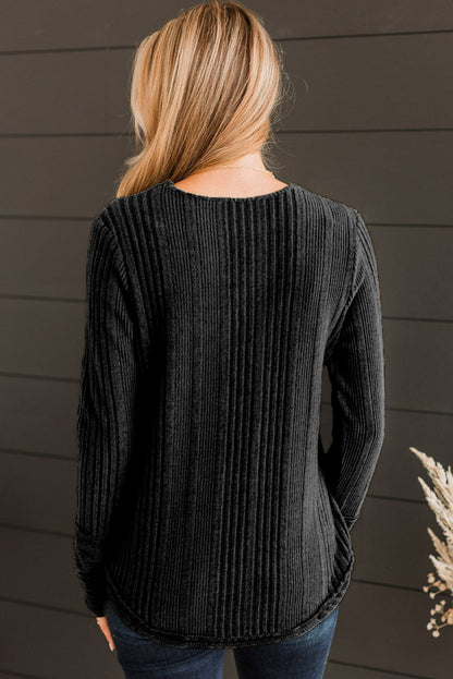 V Neck Buttoned Ribbed Knit Top | Black