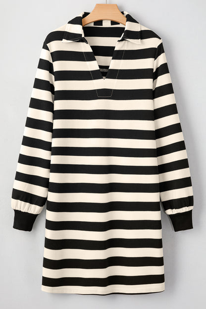 Collared V Neck Long Sleeve Loose Casual Dress | Black Stripe