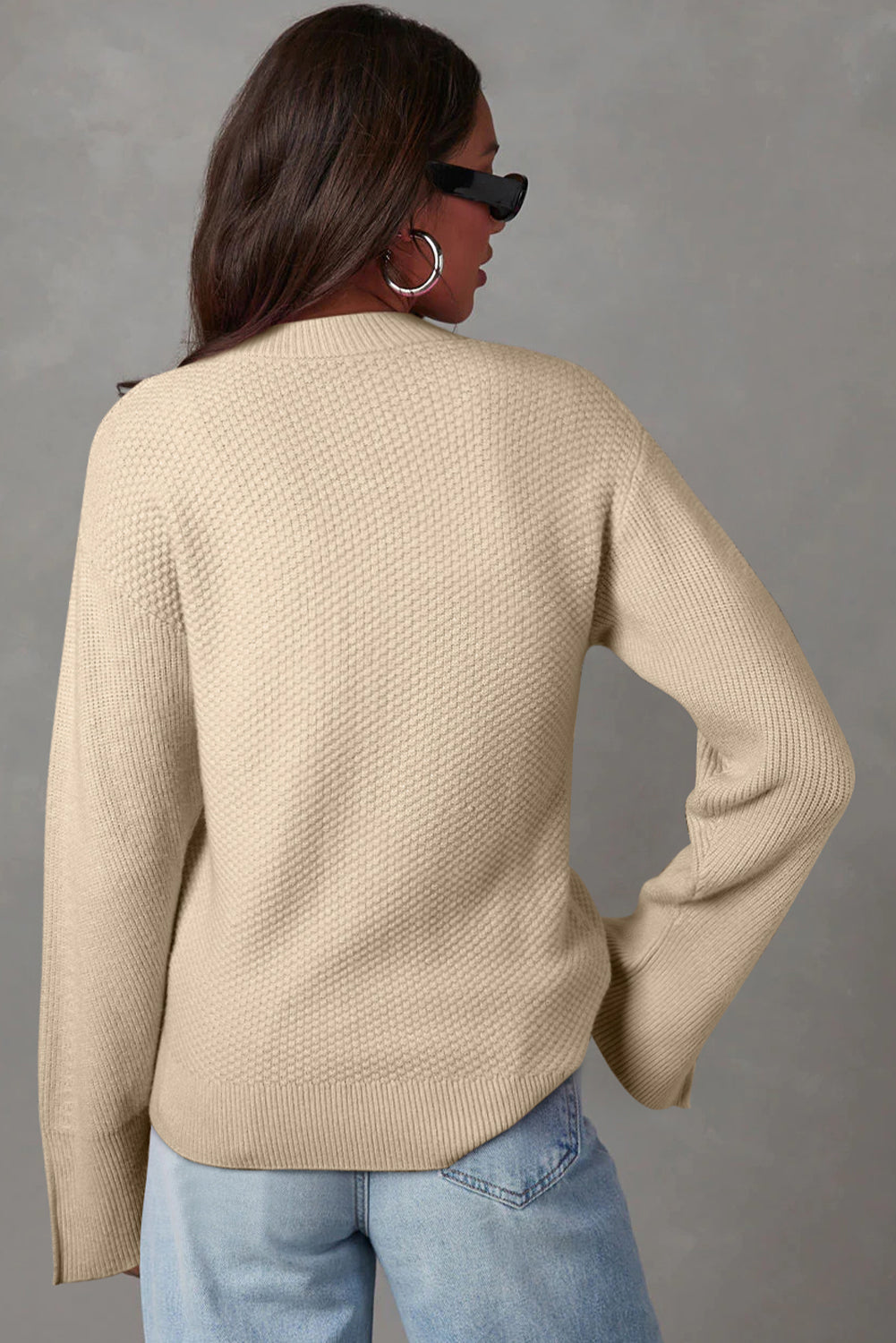 Solid Textured Knit Split Cuff Drop Shoulder Loose Sweater | Parchment