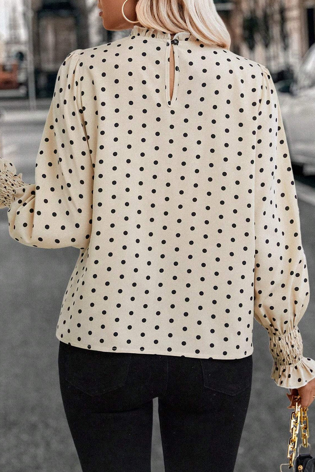 Polka Dot Print Frilled Collar Lantern Sleeve Blouse | Apricot