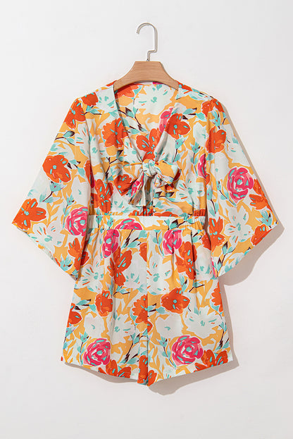 Blooming Floral Print Front Tie Romper | Orange