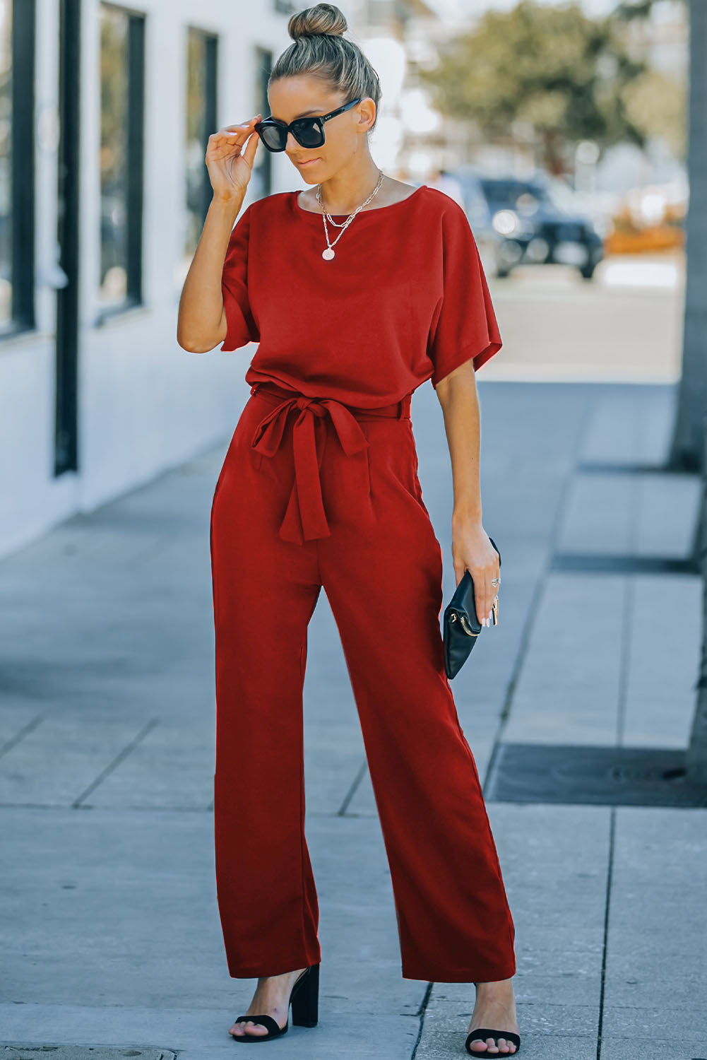 Fiery  Belted Wide Leg Jumpsuit | Red