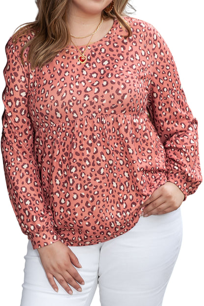 Print Long Sleeve Ruffled Babydoll Plus Size Blouse | Leopard