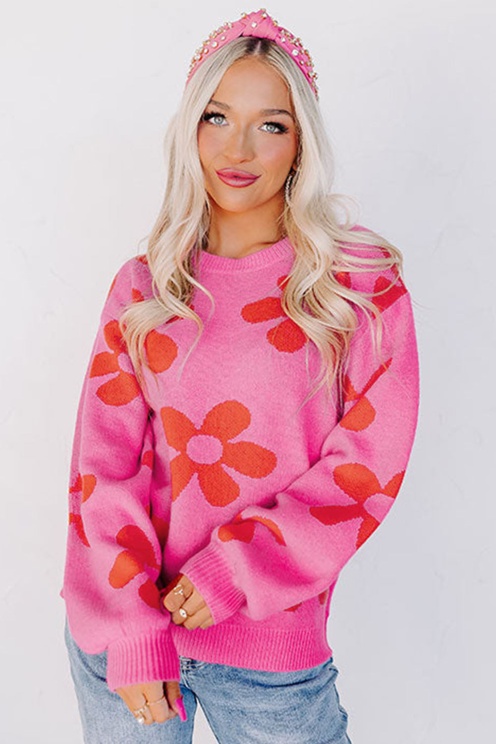 Big Flower Knit Ribbed Trim Sweater | Rose