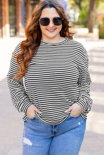 Drop Shoulder Puff Long Sleeve O Neck Plus Size T Shirt | Black Stripe