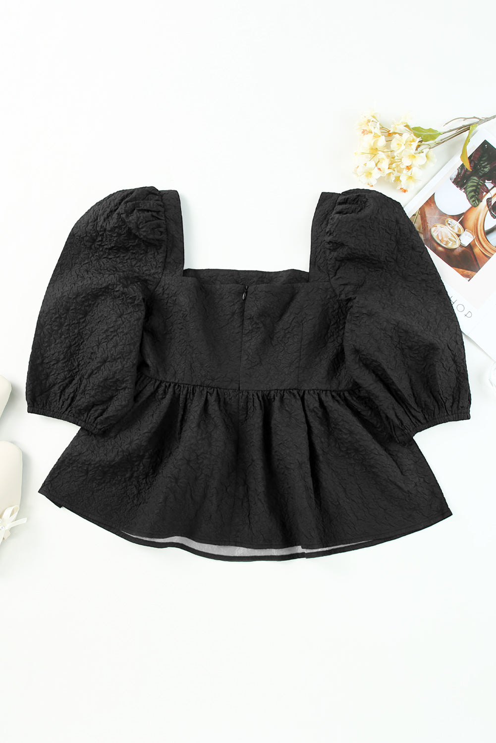 Textured Square Neck Puff Sleeve Peplum Blouse | Black