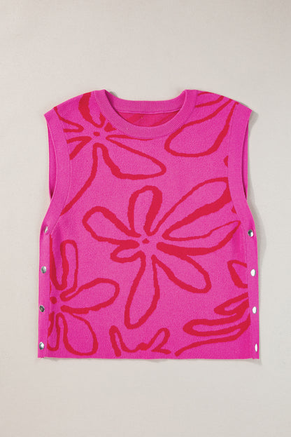 Button Sides Sleeveless Floral Knitted Top | Bright Pink