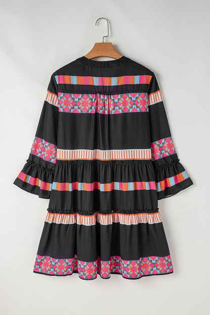 Ethnic Print Buttoned V Neck Bell Sleeve Ruffle Patchwork Dress | Black