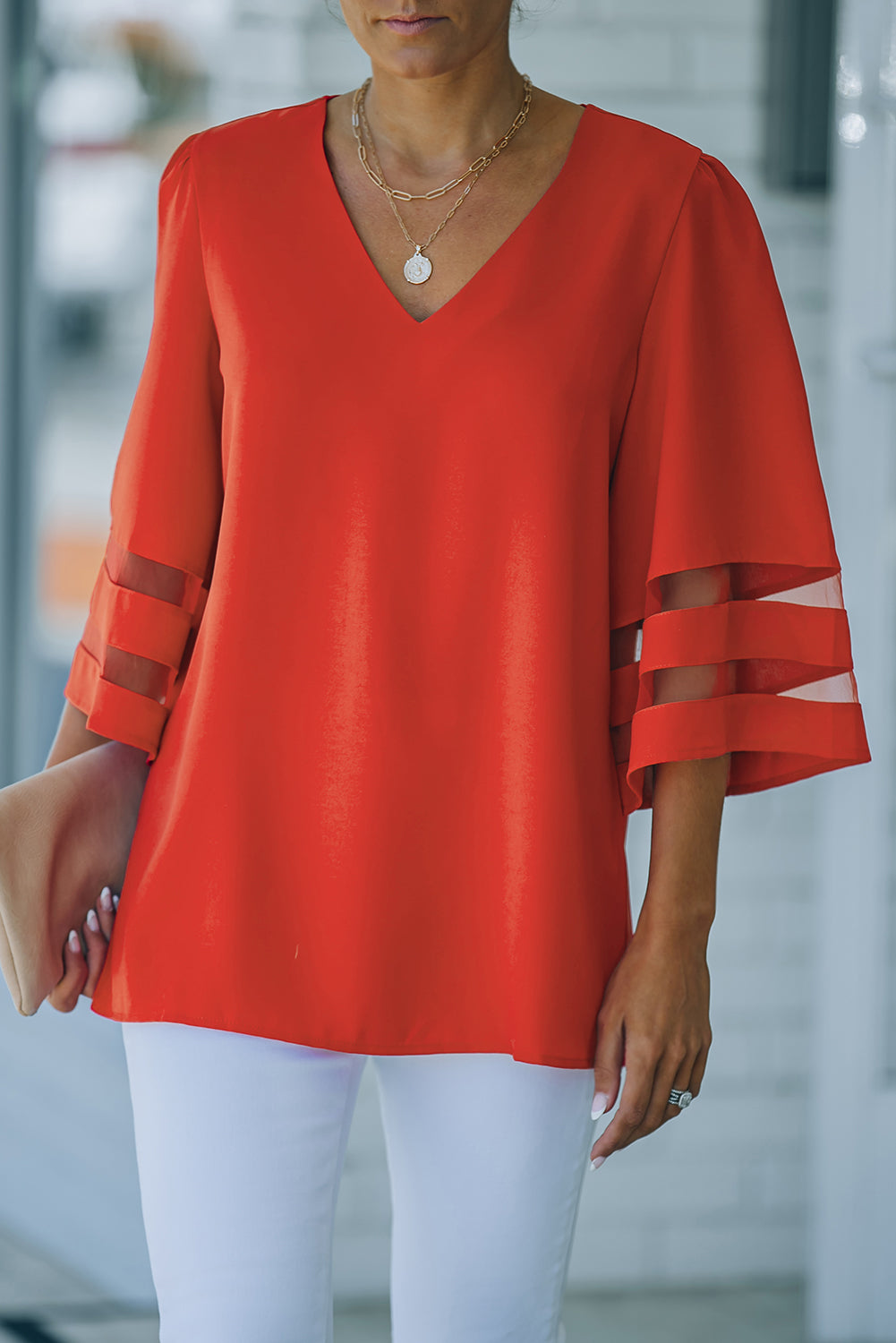 Fiery Red Flare Sleeve V Neck Loose Blouse