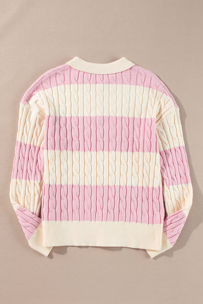 Cable Knit Collared Henley Sweater | Pink Stripe