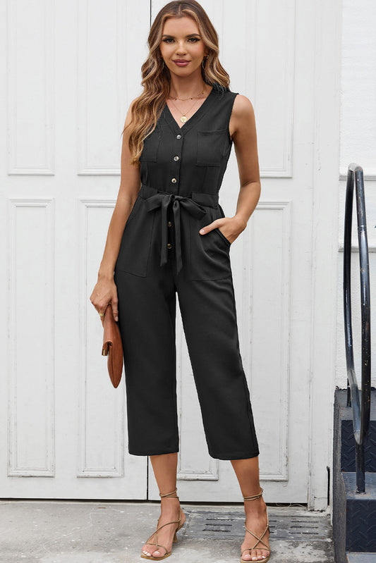 Black Buttoned Sleeveless Cropped Jumpsuit with Sash