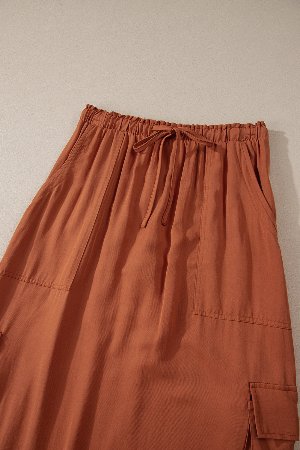 Mineral Wash Cargo Pocket Drawstring Waist Maxi Skirt | Chestnut