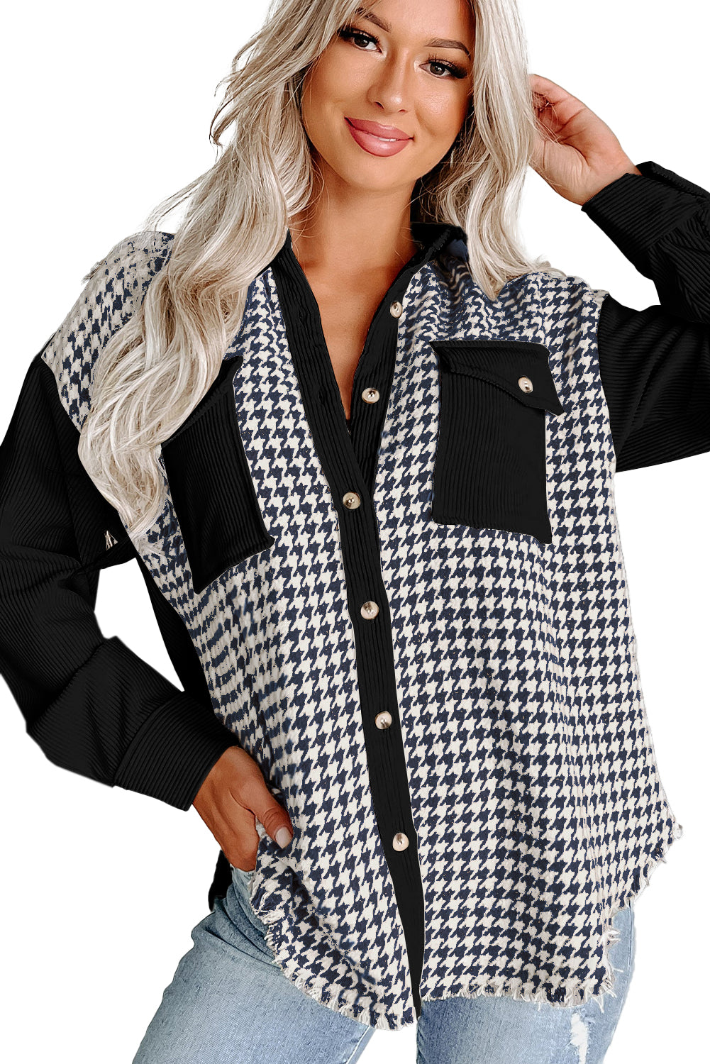 Houndstooth Corduroy Patchwork Flap Pocket Shacket | Black