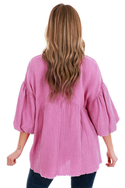 Crinkle Bubble Sleeve Raw Hem Babydoll Blouse | Pink