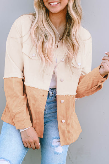 Two Toned Colourblock Cord Chambray Flap Pockets Jacket | Khaki