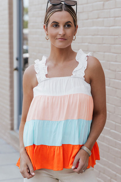 Frill Straps Colour Block Tiered Tank Top | White