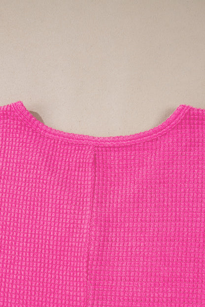 Waffle Knit Side Slits Loose Fit V Neck Top | Rose Red